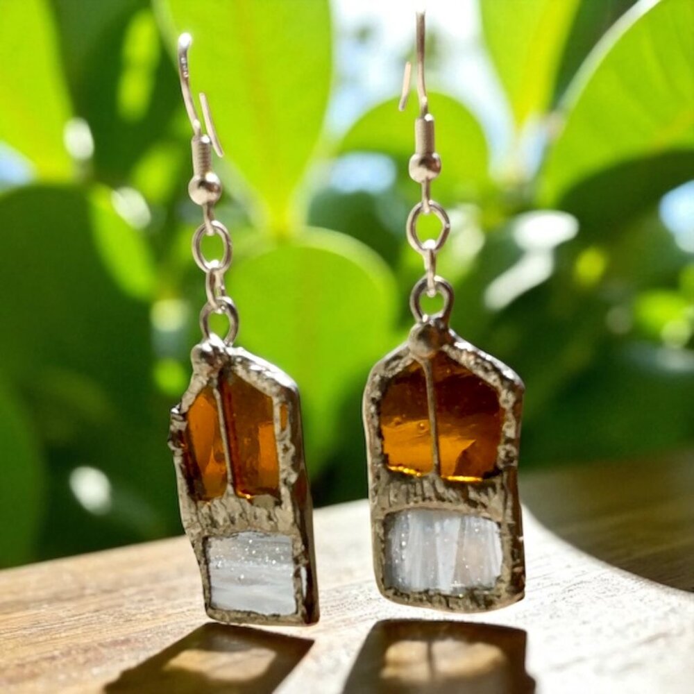 Amber & Clear Stained Glass Dangle Artisan Earrings W/ Silver Solder & 925 Hooks
